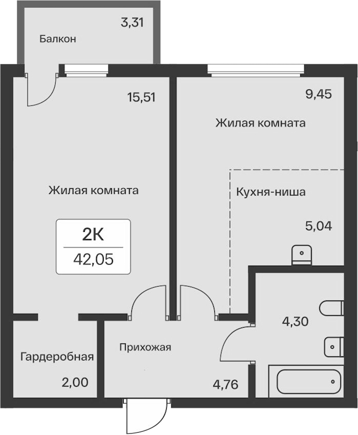 1-комнатная квартира 42.05 м², 8/11 эт., ЖК «Расцветай в Янино»